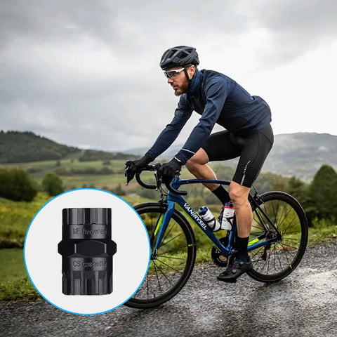 Cyclist on road with 2 In 1 Bike Freewheel And Cassette Removal Tool for Easy Cassette Lockring And Freewheel Removal in inset image