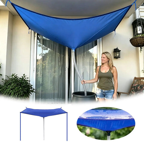 36.8 By 17.7 Inch PVC Rainwater Harvesting Setup With Hose, Reusable Roof Diverter Tarp, Water Storage Bag in use on a balcony.