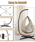 Heavy Duty C Type Hammock Stand Portable and Detachable for Hanging Hammocks Air Chairs Porch Swings Outdoor and Indoor Use Fits Most Chairs With 360 Degree Rotation Easy Assembly Durable Steel Frame assembly guide with wicker chair on stand.