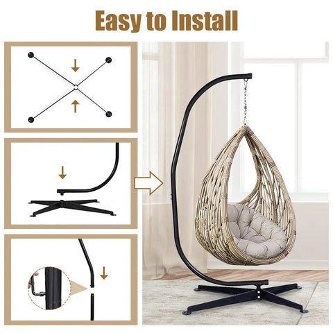 Heavy Duty C Type Hammock Stand Portable and Detachable for Hanging Hammocks Air Chairs Porch Swings Outdoor and Indoor Use Fits Most Chairs With 360 Degree Rotation Easy Assembly Durable Steel Frame assembly guide with wicker chair on stand.