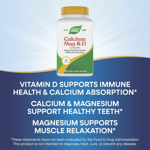 Calcium Magnesium Vitamin D Supplement For Bone Health And Muscle Function Gluten Free Soy Free No Salt Yeast Derived Ingredients Dairy Free No Artificial Colors Or Flavors bottle with label details.