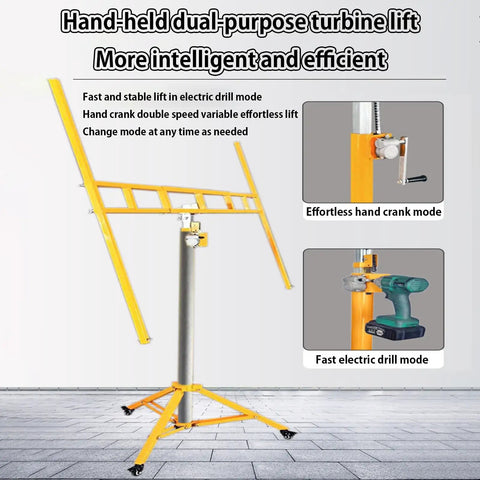 Heavy Duty Drywall Lift And Sheetrock Hoist With Telescopic Arm 4 In 1 Multi Function Panel Raiser showing dual-purpose electric and hand crank mode.
