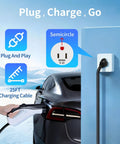 Level 1 Ev Charger For J1772 Vehicles 120V 12A Nema 5-15 Plug Portable Electric Car Charger connected to wall outlet.