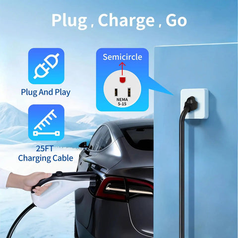 Level 1 Ev Charger For J1772 Vehicles 120V 12A Nema 5-15 Plug Portable Electric Car Charger connected to wall outlet.