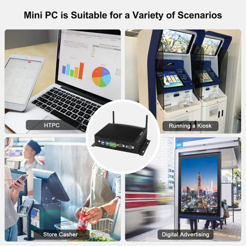 Ready To Roll Industrial Fanless Mini Pc Delivering Seamless Performance With Core I7 10510U Processor 64Gb Ram 512Gb Ssd Triple Display Output Dual Band Wireless Bluetooth Rs232 Com Ports And Windows 11 Pro showcased in various uses like kiosk, advertising, and cash register.