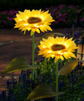 Glowing 2 Pack Solar Garden Stake Lights Sunflower LED Pathway Lights for patio and garden decor at night, realistic fabric petals.