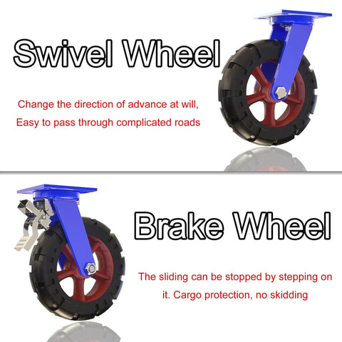 Heavy Duty Industrial Caster Wheels Pack Of 4 Solid Rubber Rollers Built Like A Tank For Smooth As Butter Swiveling with swivel and brake features.