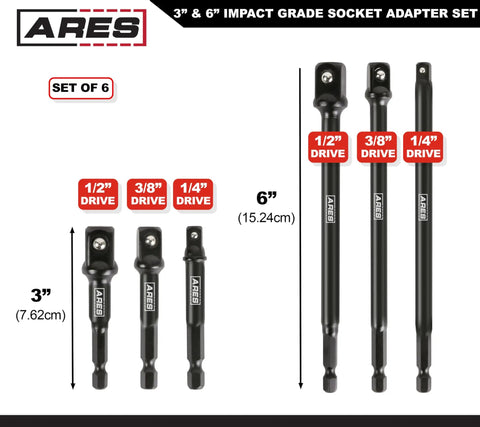 Impact Grade Socket Adapter Set With 3 Inch And 6 Inch Extensions Converts Your Impact Drill Into A High Speed Socket Driver No Fuss For One Quarter Inch Three Eighths Inch And One Half Inch Drive Sizes shown