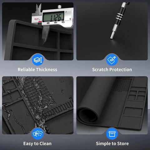 Large Soldering Mat Heat Resistant Up To 932 Fahrenheit with thickness, scratch protection, easy clean, and storage features.