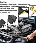 Mechanic working on car engine with 12V Car Electric Fan Relay Kit, 40 Amp Relay, cooling fan components, and caution text display.