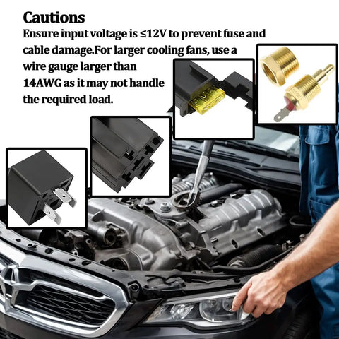 Mechanic working on car engine with 12V Car Electric Fan Relay Kit, 40 Amp Relay, cooling fan components, and caution text display.