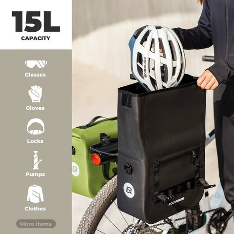 15L Capacity Waterproof Rear Bike Panniers Rack Bag Ride Ready for Cycling Commuting and Bikepacking Fits Laptop and Essentials Durable Weatherproof Zippered Storage Black