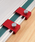 Two Pack Aluminum Guide Rail Limit Stops for Track Saws, Pro Grade, with red quick-adjust stoppers on silver rail