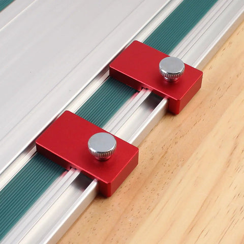 Two Pack Aluminum Guide Rail Limit Stops for Track Saws, Pro Grade, with red quick-adjust stoppers on silver rail