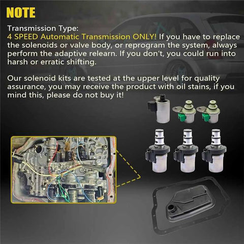 4F27E Transmission Shift Solenoid and Filter Kit components shown with installation guide, solenoids, and filter for Mazda and Ford models