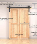60 Inch Bifold Barn Door Hardware Kit for Two Doors, Black Finish, installed on wood doors, showing measurements and specifications.