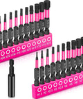 20 Piece Hex Head Allen Wrench Drill Bit Set With Quarter Inch Hex Shank, S2 Steel Bits, Magnetic Tips in pink organizer