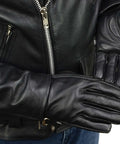 Man wearing Gel Palm Motorcycle Gloves For Men With Gel Padded Palm Black Leather Short Wrist Biker Gloves Size Large