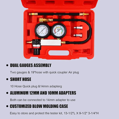 Cylinder leak-down tester kit with dual gauges, hoses and adapters in a red plastic case.