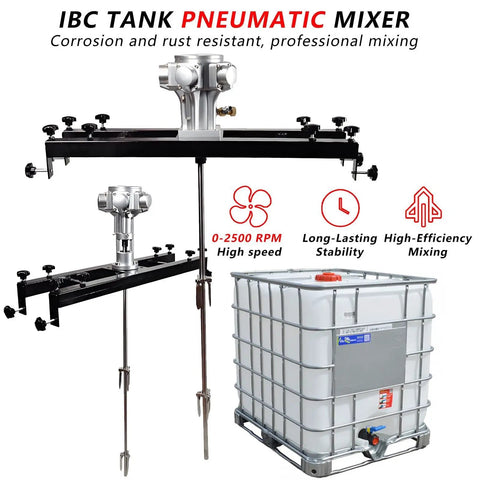 Industrial Pneumatic IBC Tote Mixer With Folding Blade For Thick Materials, Air Agitator For Paints And Inks, 264 Gallon Capacity, 0-2500 RPM, Motor Options One Half HP, Three Quarters HP, Or One HP, Heavy-Duty Blending mounted above an IBC tank