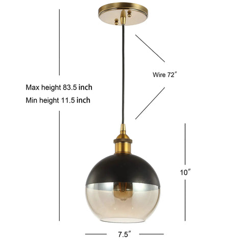 Brass Gold And Black Mid Century Modern Globe Pendant Light With Adjustable Cord And LED Bulbs Included, Champagne Smoked Glass Shade