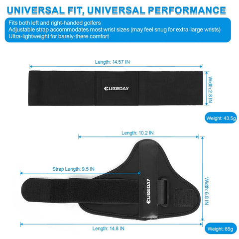 Golf Wrist Brace And Arm Band Training Kit Two In One Pro Swing Trainer dimensions and features guide.