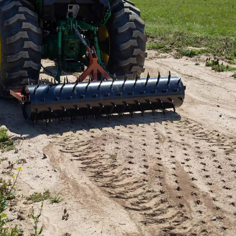 Six Foot Drum Spike Aerator For 3 Point Hitch On Cat 1 And Cat 2 Tractors, Tow Behind Lawn Tool For Drainage in use on field