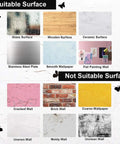 Suitable surfaces for Kid Friendly Playroom Polka Dots Wall Decals shown with glass, wood, ceramic, and not suitable examples.