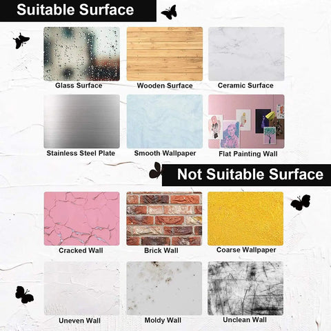 Suitable surfaces for Kid Friendly Playroom Polka Dots Wall Decals shown with glass, wood, ceramic, and not suitable examples.