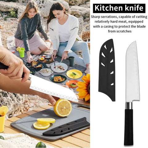 All In One Camping Kitchen Set With Stainless Steel Tongs Slotted Spatulas Spoons Chef Knife Kitchen Shears Bottle Opener Peeler And Spice Bottles Plus A Chopping Board And Four Plastic Plates For Outdoor Cooking On The Go Picnics And BBQ with chef knife shown cutting lemons on board.