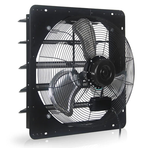 20 Inch Shutter Exhaust Fan Wall Mounted 3500 CFM With Pre Installed Power Cord, black, side view showing aluminum shutters
