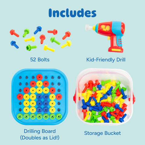 Design And Drill Bolt It Bucket Construction Toys For Toddlers And Kids Tool Set with drill, bolts, board, and storage bucket