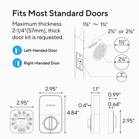Diagram of Z Wave 5 in 1 Keyless Smart Lock With Door Sensor And Remote Access, showing fit for left and right-handed doors.