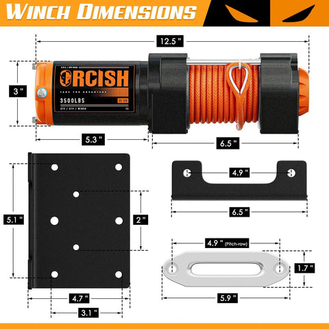 3500 LB 12V Electric Winch Kit With Synthetic Rope For ATV UTV Beefy Heavy Duty Off Road Recovery Winch Easy Mount Waterproof Motor Safe Load Handling And Smooth Pulling dimensions view