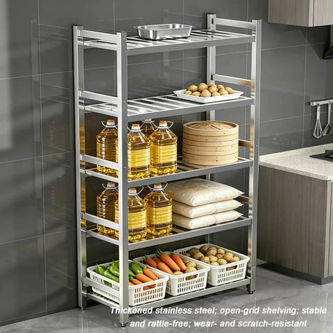 Straight Up Sturdy Stainless Steel Shelving Rack With Adjustable Anti Slip Feet For Multi Tier Kitchen Organization And High Capacity Open Grid Storage Setup That Never Sags with stored items.