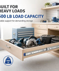 Heavy Duty Drawer Slides 500 Lb Full Extension Side Mount Rails For Tool Boxes And Workbenches, 2.5 Mm Cold Rolled Steel Construction, Smooth Quiet Glide, Ultra Durable Heavy Load Storage Drawers on a loaded workshop drawer