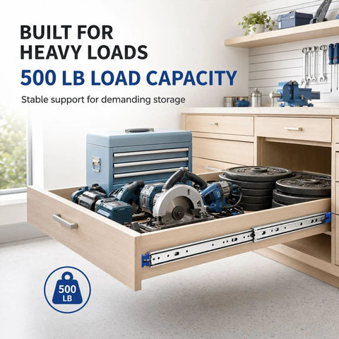 Heavy Duty Drawer Slides 500 Lb Full Extension Side Mount Rails For Tool Boxes And Workbenches, 2.5 Mm Cold Rolled Steel Construction, Smooth Quiet Glide, Ultra Durable Heavy Load Storage Drawers on a loaded workshop drawer