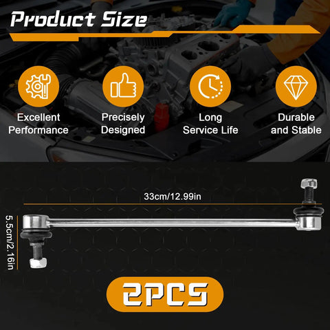 2 Pack Front Stabilizer Sway Bar Links For Ford Escape, Focus, Transit Connect, C-Max, Mazda 3, Volvo C30 C70 S40 V50 Replacement Kit K80880 Premium Aftermarket Quality, Easy Install, Durable Steel, Improved Handling, Direct Fit For A Smooth Ride on display with size specifications of 33cm/12.99in length and 5.5cm/2.16in height, set against automotive background illustrating performance benefits