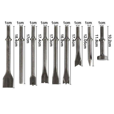 9-Piece Pneumatic Chisel Set For Air Hammer, Punch And Chipping Bits, Includes Nine Unique Shapes, 0.39 Inch Round Shanks