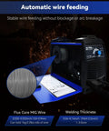 Flux Core MIG Welder Kit for Beginners showing automatic wire feed mechanism with details on wire size and welding thickness.