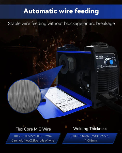 Flux Core MIG Welder Kit for Beginners showing automatic wire feed mechanism with details on wire size and welding thickness.