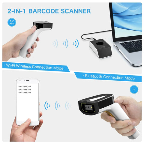 Wireless WiFi 2D Barcode Scanner With Auto Sensing Hands Free Operation Reads 1D 2D QR PDF417 Codes, showing Wi-Fi and Bluetooth modes.