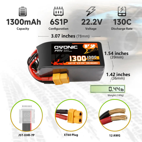 Image showing specifications of 2 Pack 6S 22.2V LiPo Battery 1300mAh 130C With XT60 Plug For FPV Racing Drones, Lightweight 195g Each.