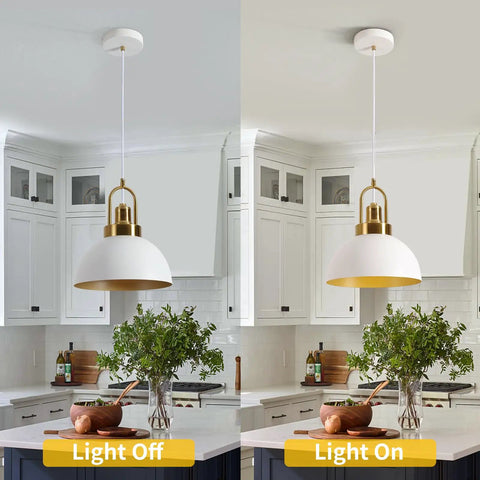 Side-by-side view of Rustic White Farmhouse Pendant Light Fixture with Retro Geometric Dome, light off and on in kitchen setting