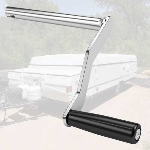 Heavy Duty Iron Crank Handle Replacement for Pop Up Campers compatible with Fleetwood and Coachmen, featuring rotating plastic grip.
