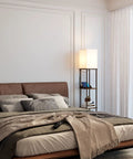 Bedroom with Shelf Floor Lamp With 2 USB Ports And Power Outlet, Remote Control LED Bulb, Brown Finish beside a bed.