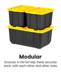 Two Pack 27 Gallon Heavy Duty Storage Bins With Lockable Lids For Truck Bed Organization in stackable position, black and yellow