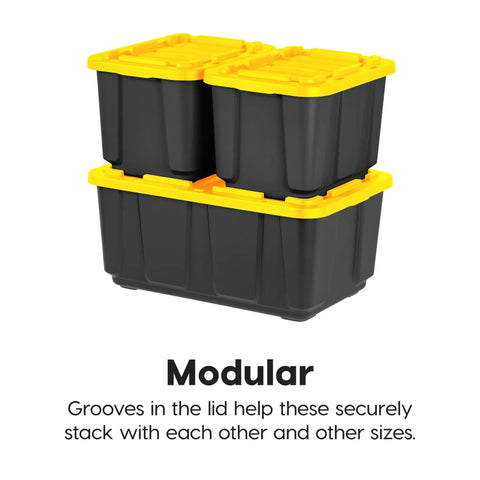 Two Pack 27 Gallon Heavy Duty Storage Bins With Lockable Lids For Truck Bed Organization in stackable position, black and yellow