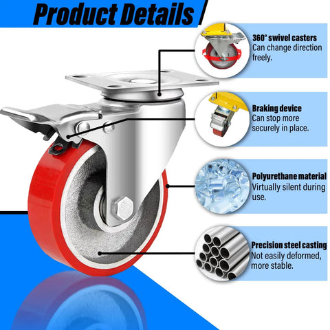 Close-up of red polyurethane pallet jack caster wheel with brake on steel swivel housing.