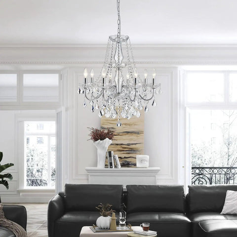 Mini Crystal Chandelier With K9 Crystals, Chrome Finish, 5 E12 Bulbs, in elegant living room setting